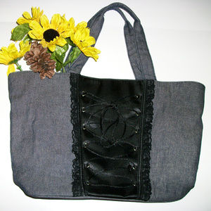 Victoria's Secret Lace Up Tote Bag Black Denim